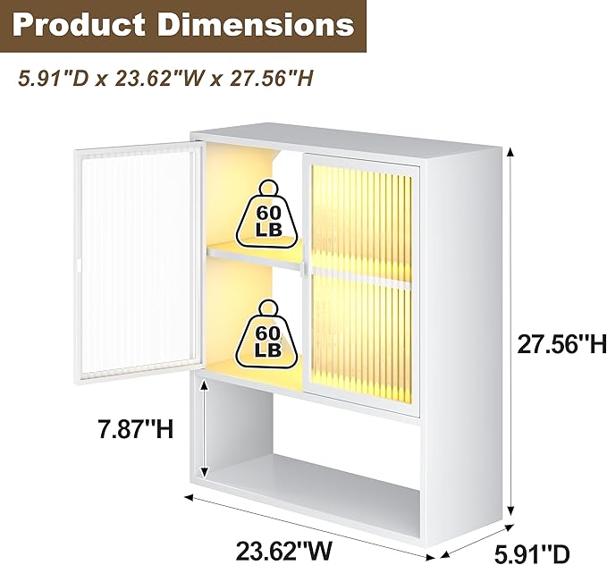 Wall Mounted Bathroom Cabinet with Glass Doors, Metal Over Toilet Storage Cabinets with Open Shelves, Medicine Cabinets for Bathroom, Living Room, Bedroom, White