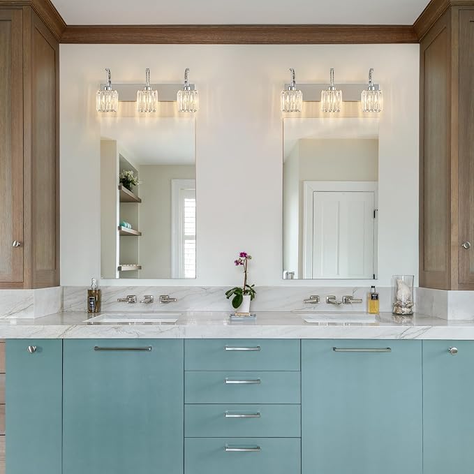 FDPBY Crystal Vanity Lights 3-Light Chrome Bathroom Vanity Lights Modern Crystal Bathroom Light Fixtures Over Mirror 23.62" Long Vanity Light for Bathroom