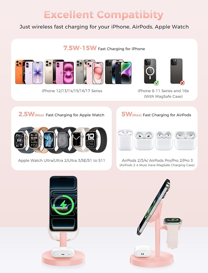 Aeinidi 2026 3 in 1 Wireless Charging Station Compatible with MagSafe, 15W Fast Magnetic Mag-Safe Charger Stand for Apple iPhone 17 16 15 14 13 12 iWatch AirPods Pro 4 3 2, Pink