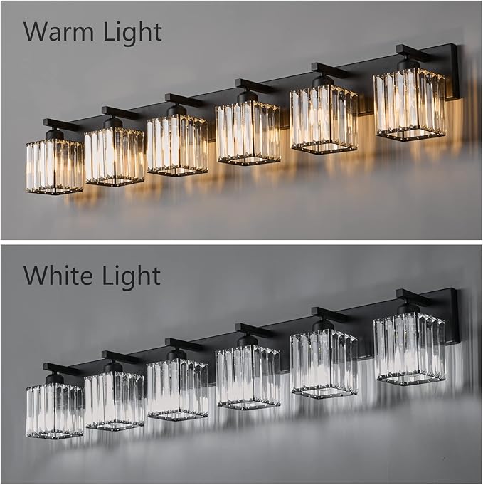 FDPBY Modern Black Crystal Bathroom Vanity Light - 6-Lights Wall Light Fixtures