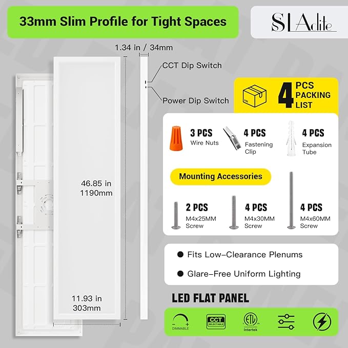 1x4 Led Flat Panel Light, 4-Pack Surface Mount Ceiling Light, 24W/30W/40W, 5200LM Smooth Triac Dimming(10-100%) 5CCT 3000K-6000K, LED Light Fixture for Kitchen Office Garage, White ETL Listed