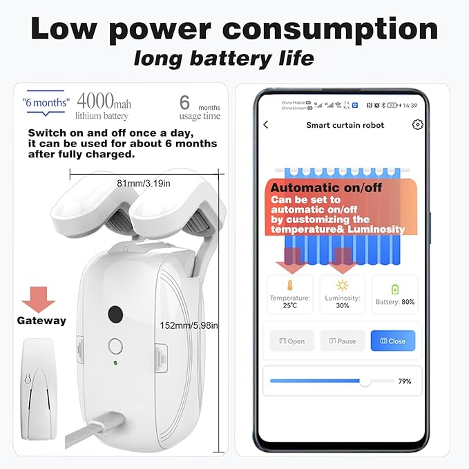 Smart Automatic Curtain Opener - Remote Controled by App/Timer/Voice,Upgraded High-Performance Motor, Automatic Light Sensor, Add Gateways, For Google Alexa, No Remote (Only for Roman Rod)