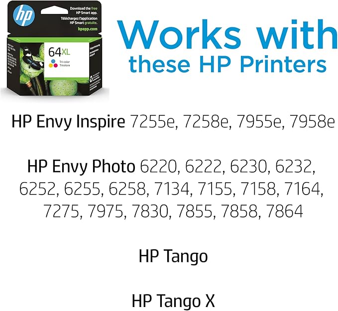 HP 64XL Tri-Color High-Yield Ink Cartridge Printers | Works with Printer Series: Envy Inspire 7950e; Envy Photo 6200, 7100, 7800; Tango | Eligible for Instant Ink | N9J91AN