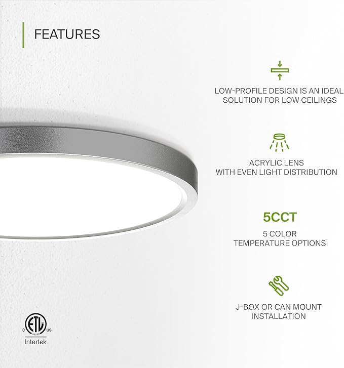 ASD LED 9" Round Flush Mount Ceiling Light Fixture, Low Profile Surface Lighting | 5CCT, Dimmable, Ultra-Thin, ETL Listed | 18W 1660LM 2700-6000K 120V | Kitchen, Hallway Lamp | Nickel, 12 Pack