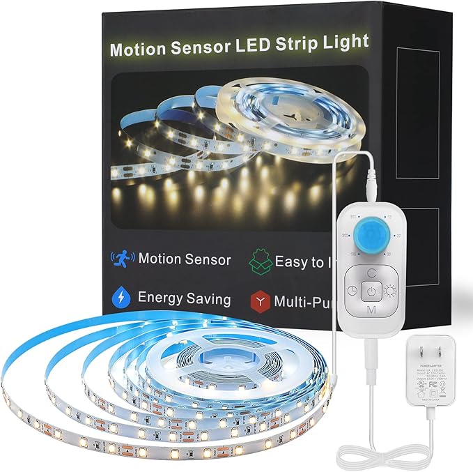 Feuymoent Motion Sensor LED Strip Light - Cabinet Strip Lights with 24W Plug, Dimmer, and Timing, 16.4ft for Under Cabinet, Kitchen, 3000K WarmWhite