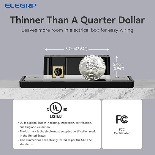 ELEGRP Dimmer Light Switch for 300W Dimmable LED/CFL Lights and 600W INC/HAL Bulbs, Single Pole/3-Way LED Slide Dimmer Light Switch, Wall Plate Included, UL Listed, 5 Pack, Matte Black