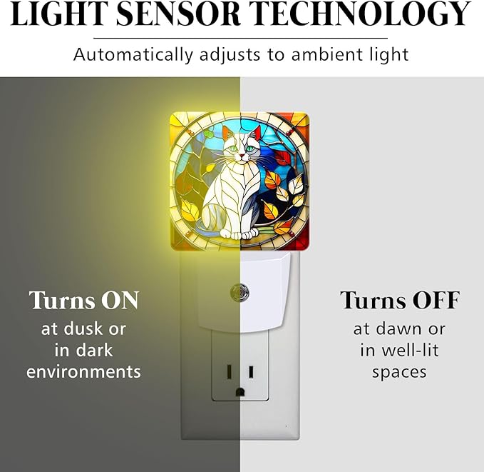 PODMemory Cat Stained Glass Night Lights Plug into Wall for Room, Cat Night Light LED for Bedroom