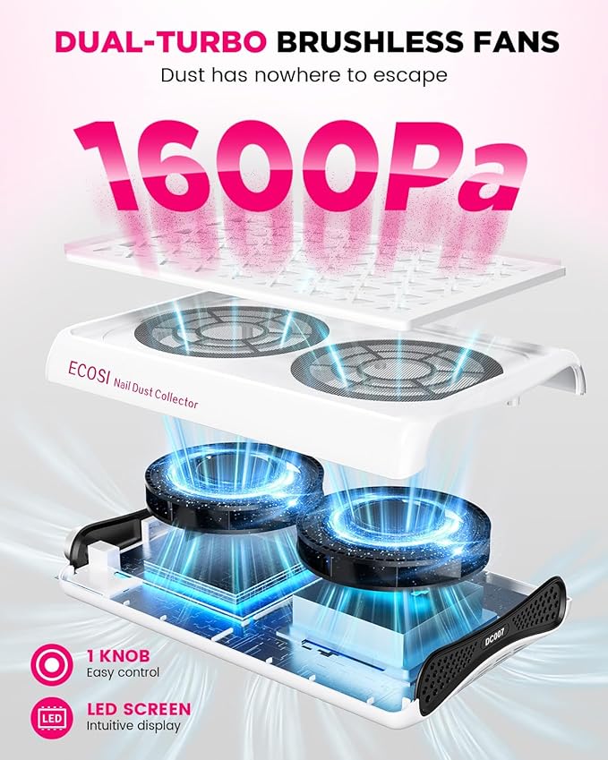 ECOSI Nail Dust Collector, Dual Turbo & 1600PA Professional Vacuum Fan Dust Extractor with 30 Pcs Filter Papers, 8000RPM Stepless Adjustable Suction for Manicure, Salon Nail Tech & Home (White)