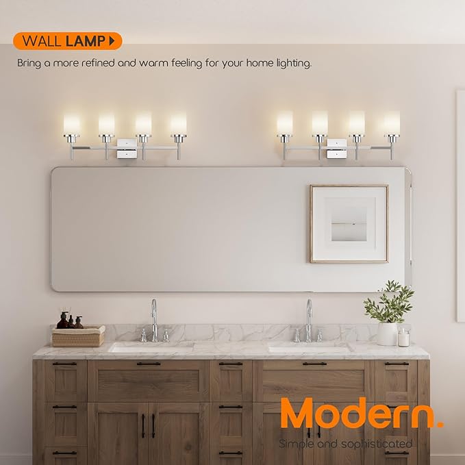 AONEON 4-Light Vanity Lighting Fixtures with White Frosted Glass Shade, Polished Chrome Bathroom Wall Lamps Over Mirror for Bath Restroom Kitchen T001CH-L4