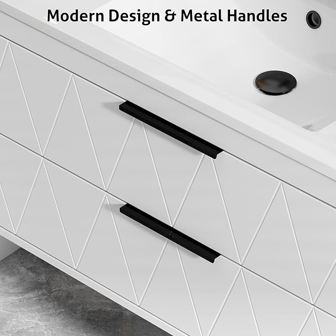 eclife 36" Bathroom Vanities Cabinet with Sink Combo, Wall Mounted Floating Cabinet W/Decor Line, Soft-Close System, 2 Extra Big Drawers, Matte Black Faucet, White