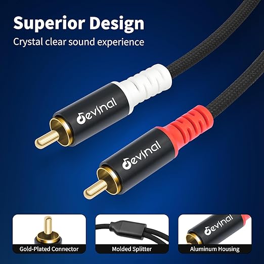 Devinal 25FT RCA Cables, 2RCA to 4RCA Audio Cable, Male Stereo RCA Cord Shielded Braided for Home Theater, HDTV, Amplifiers, Hi-Fi Systems, Car Audio, Speakers