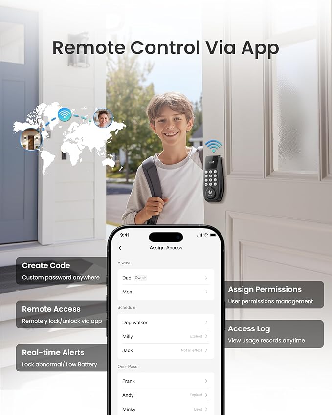 DESLOC C100 Plus Built-in WiFi Smart Lock, Keyless Entry Door Lock with Display, Keypad Deadbolt for Front Door, App Remote Control, Anti-Peeping Password, BHMA Grade 3, Black