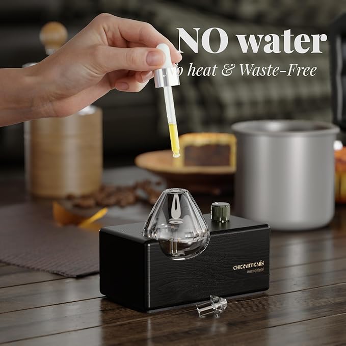 Black Obsidian Glass Essential Oil Diffuser with Handmade Wood Base for Aromatherapy, Retro Waterless Scent Diffuser for Essential Oils, Perfumes, Fragrance Oils, Portable Diffuser Machine, 2026 Model