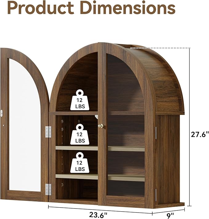 HOACT Arch Bathroom Wall Cabinet with Glass Door, 23.6" Above Toilet Storage Cabinet with Adjustable Shelves, Natural Medicine Cabinet for Kitchen, Laundry Room, Bedroom, Walnut