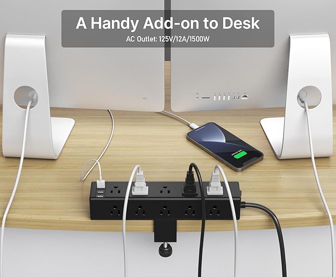 CCCEI Standing Desk Clamp Power Strip with 15 Outlets, Black Desktop Edge Mount Surge Protector Outlet, Fast Charging USB-A and 45W USB-C Ports, 4 FT Flat Plug, Black Fit 1.6 inch Table top.
