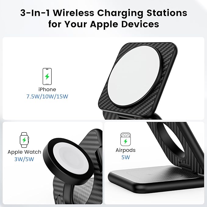 KU XIU X40 Plus Foldable Magnetic Wireless Charger, Portable 3 in 1 Charging Station for iPhone 17/16/15/14/13/12 & iPhone Air, 5W for iWatch S11–4/SE/Ultra 3/2/1 and AirPods 4/3/2/Pro, Carbon Fiber