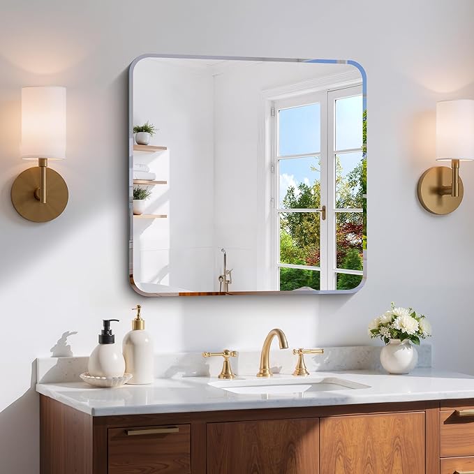 CILIBER Frameless Mirror, 24x24 Beveled Bathroom Mirrors for Over Sink, Square Frameless Wall Mirror Rounded Corner, Shatterproof Tempered Glass Lightweight Design for Bedroom Living Room Entryway