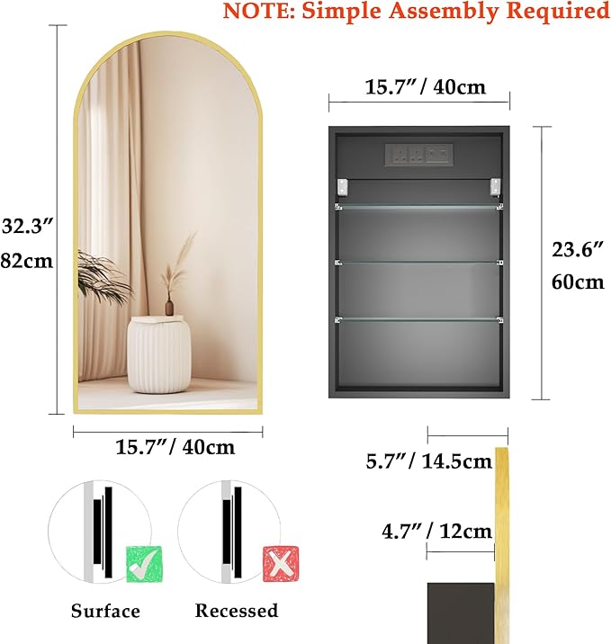 Gold Bathroom Medicine Cabinet with Mirror,Arched Bathroom Cabinet with Outlets,Vanity Mirror with Storage,Wall Mounted Medicine Cabinet with Adjustable Shelves,2 Power Outlets,16X32 Inch