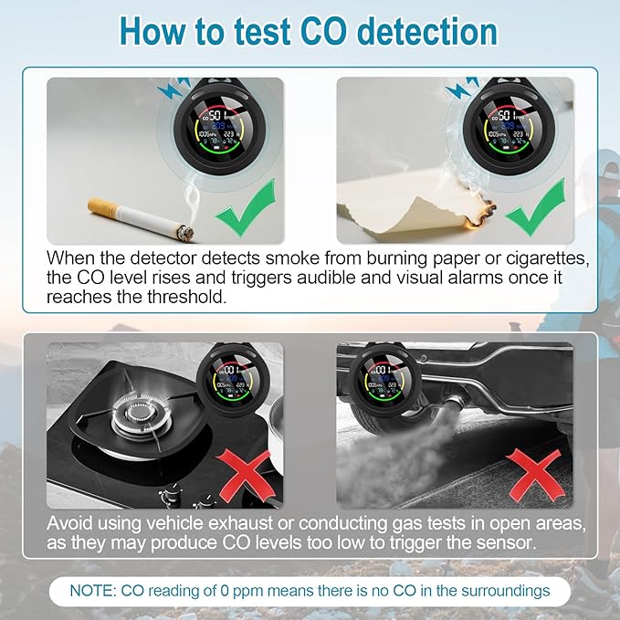 Portable Carbon Monoxide Detectors, 6-in-1 CO Detector, CO/O2/Temperature/Humidity/Altitude/Atmospheric Pressure, Portable Oxygen Detector with Alarm & Color Backlight, for Indoor, Camping, RV,Travel