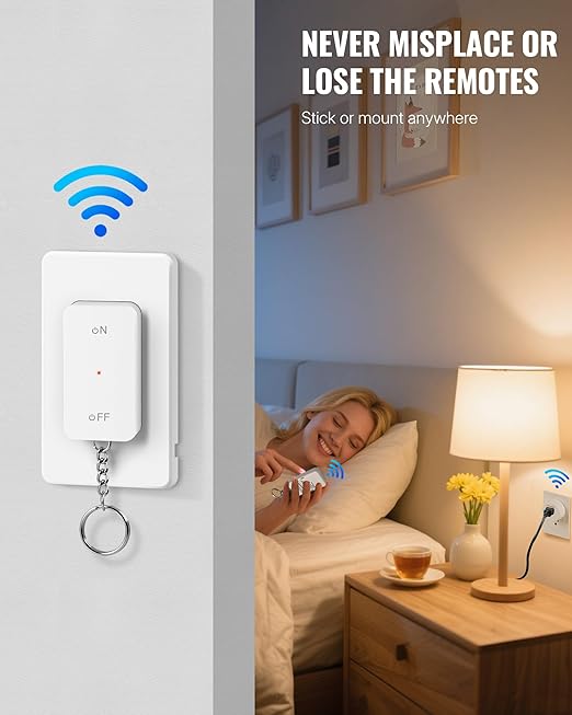 WILAWELS Remote Control Outlet Wireless Wall Mounted Light Switch, Wireless On Off Remote Outlet Switch with Magnetic Base, 100ft RF Range, 15A/1875W, Two Switches for One 0utlet W09RC2106