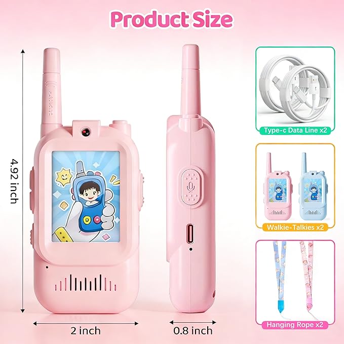 Video Walkie Talkies for Kids, 2 Pack Rechargeable Kids Walkie Talkies with HD Camera, Real-Time Video Chat, Voice Changer, 1000FT Range, Outdoor Toys for Boys Girls Ages 3-12(Baby Blue/Baby Pink)