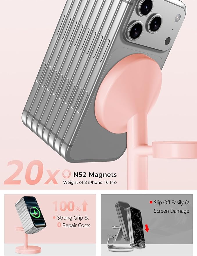 Aeinidi 2026 3 in 1 Wireless Charging Station Compatible with MagSafe, 15W Fast Magnetic Mag-Safe Charger Stand for Apple iPhone 17 16 15 14 13 12 iWatch AirPods Pro 4 3 2, Pink