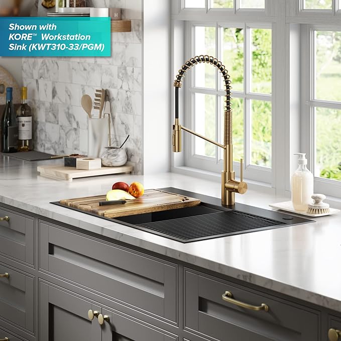KRAUS Oletto Commercial Style Single Handle Pull Down Kitchen Faucet with QuickDock Top Mount Installation Assembly in Brushed Brass, KPF-2631BB