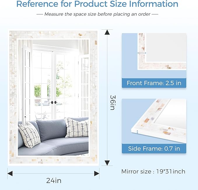 Tanmicoshomy White 24 x 36 Inch Rectangle Bathroom Mirrors for Wall, Natural Shell Framed Wall Mounted Mirror for Bedroom, Living Room or Entryway, Horizontal or Vertical Hanging