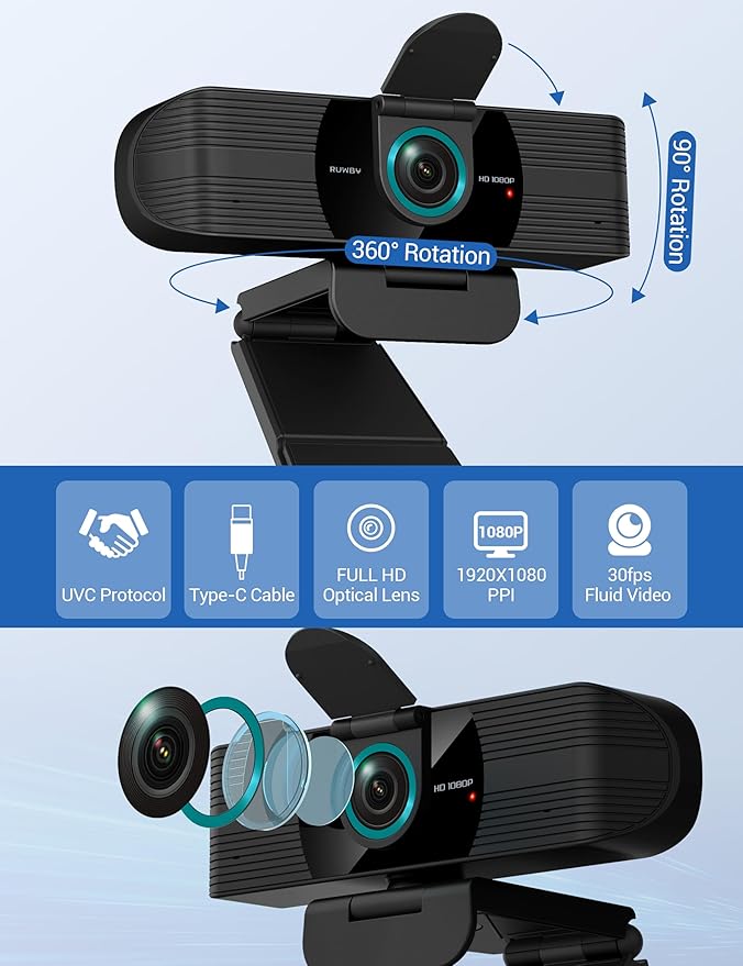 RUWBY Full HD 1080P Webcam with Built-in Dual Mics, Wide-Angle Lens, Privacy Cover, Tripod Stand, Autofocus PC Camera, Plug and Play for Desktop Computer or Laptop