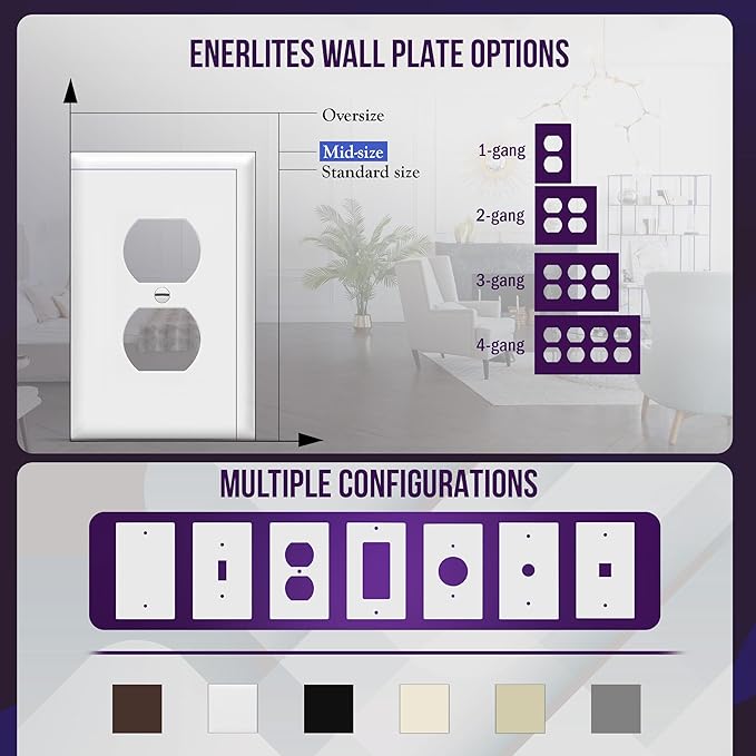 ENERLITES Duplex Receptacle Outlet Wall Plate, Electrical Outlet Cover, Mid-Size Size 1-Gang 4.88" x 3.11", Unbreakable Polycarbonate Thermoplastic, UL Listed, 8821M-W, White