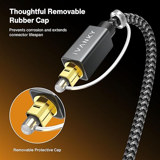 IVANKY Digital Optical Audio Cable 6ft/1.8M, Slim Nylon Braided Audio Optical Cord Toslink Cable for Sound Bar, TV, PS4, Xbox, Samsung, Vizio, 24K Gold-Plated - CL3 Rated, Grey