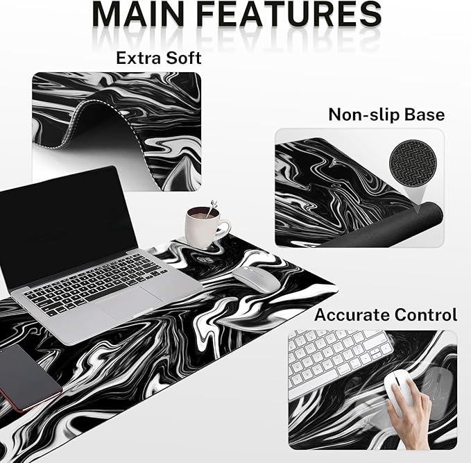 Britimes Black White Marble Keyboard Mouse Pad Set 4in1 Large Mousepad+Keyboard Wrist Rest+Mouse Wrist Rest+Coaster Ergonomic Design for Home Office Computer 35.4x15.7 inches