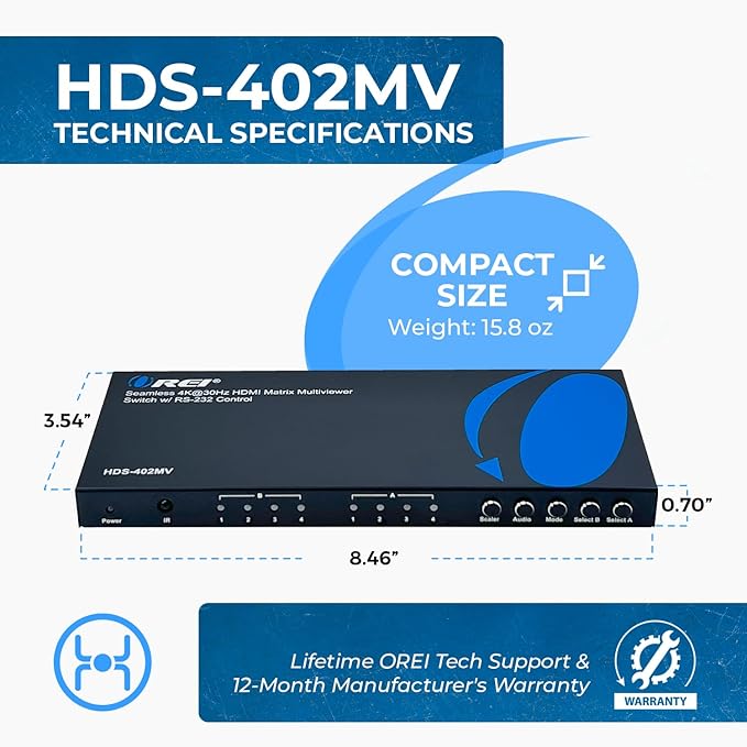 OREI Quad Multi HDMI Viewer 4 in 2 Out, HDMI Matrix Switcher 4 Ports Seamless Switching and IR Remote Supports 4K PIP PS5/PC/DVD/Security Camera, HDMI Switch RS-232 Optical Out - HDS-402MV