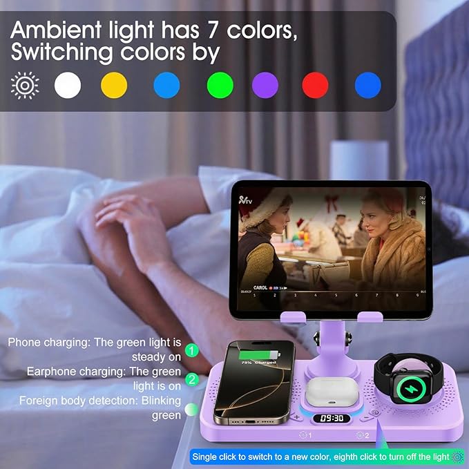 30W Charging Station for Apple Products, Foldable Wireless Charger with Clock Display&7 Color Light, Wired Charging for iPad/Tablet Charging Station for iPhone17, for Apple Watch11 for AirPods4(Purple