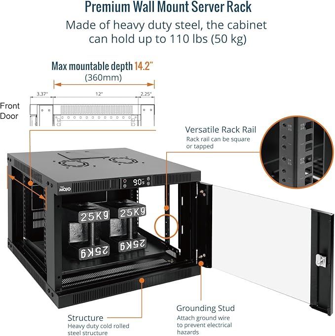 Tecmojo 6U Wall Mount Rack with Thermostat, 17.7inch Depth Enclosed Server Cabinet with 2 Cooling Fans,Lockable Door & Hardware,6U Rack for 19inch Equipments,Glass Door