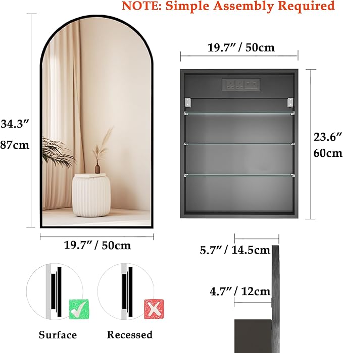 Arched Medicine Cabinet with Mirror,Bathroom Medicine Cabinet Wall Mounted,Bathroom Vanity Mirror with Storage 2 Power Outlets,Mirrored Cabinet with Adjustable Shelf, 20X34 Inch Black