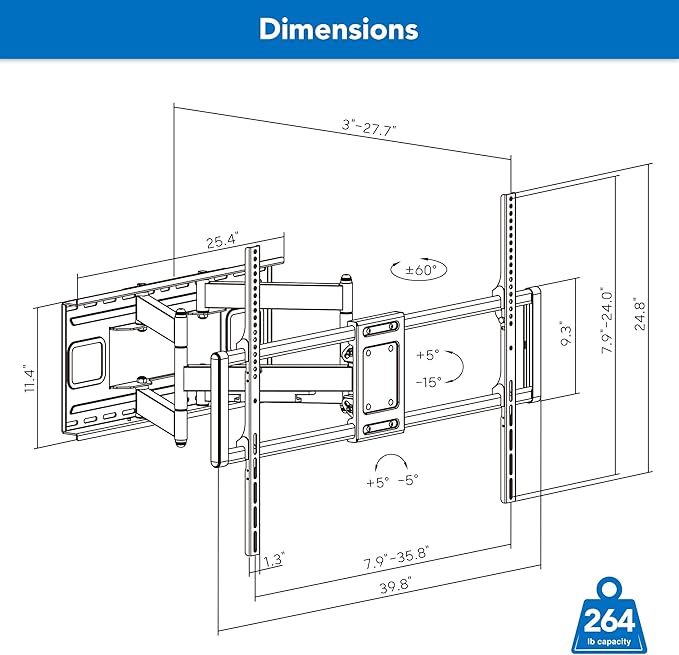 Mount-It! Heavy Duty XXL Full Motion TV Wall Mount for Extra Large TVs, max VESA 900x600, Holds up to 264lb, Swivel Tilt Extension Adjustable TV Mount for 60" 65" 75" 80" 85" 90" 98" 100" 115" 120 in