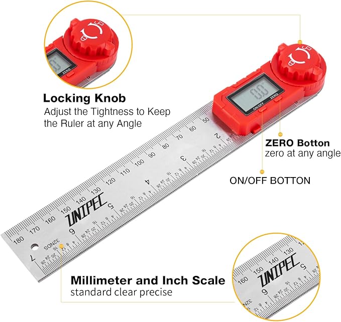 UNIPEC Digital Angle Finder Protractor, Angle Finder Ruler,Stainless steel 7inch 200mm 7inch/200mm, Angle Measuring Tool for Woodworking,Carpenter,Construction,DIY Measurement (Stainless Steel)