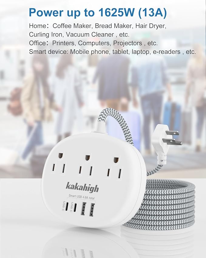 Small Extension Cord - Braided Extension Cord 10 Feet, 13 Amp (1625W) Power Strip with 3 AC Outlet 4 USB (24W/4.8A), College Dorm Room Essentials, White