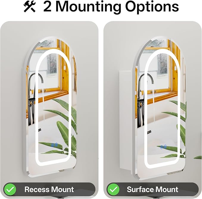 LED Arched Bathroom Medicine Cabinet with Mirror, No Assembly Needed, Recessed or Surface Mount Wall Storage Cabinet, Mirror Cabinet with Tissue Slot (Bevel-LED, 29.5" L x 15.7" W)