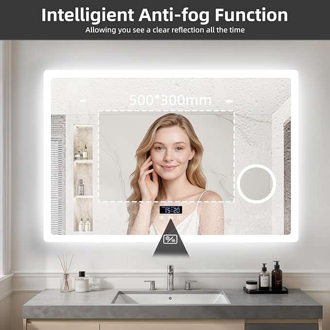 LUVODI Bathroom Mirror LED Lighted: 40x24 inch Rectangle Makeup Vanity with Bluetooth Speaker, Time Display, Magnifier, Anti-Fog, Memory Function, 3 Color Temperature
