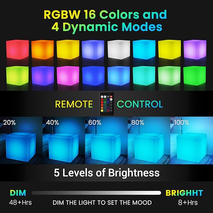 LOFTEK 16-Inch Rechargeable LED Cube Chair Light, 16 RGB Colors Glow Cube Seat w/Remote, Waterproof LED Cube Table, Color Changing Cubes Floor Lamp, Home Bedroom Patio Party Decorative Lighting