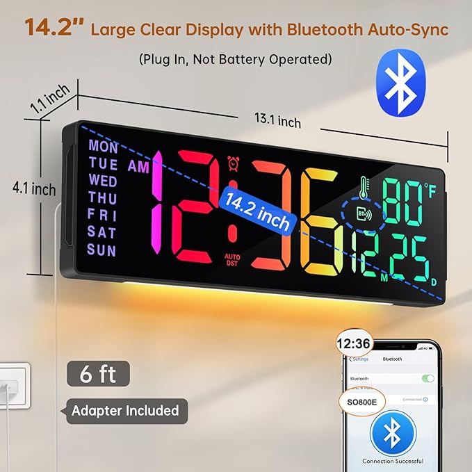 Soobest 14.2" Large Digital Wall Clock with Bluetooth Auto Sync Time Date Day, LED Big Display, 12 Colors, Count Down Timer＆Temperature for Classroom, Living Room, Gym Home