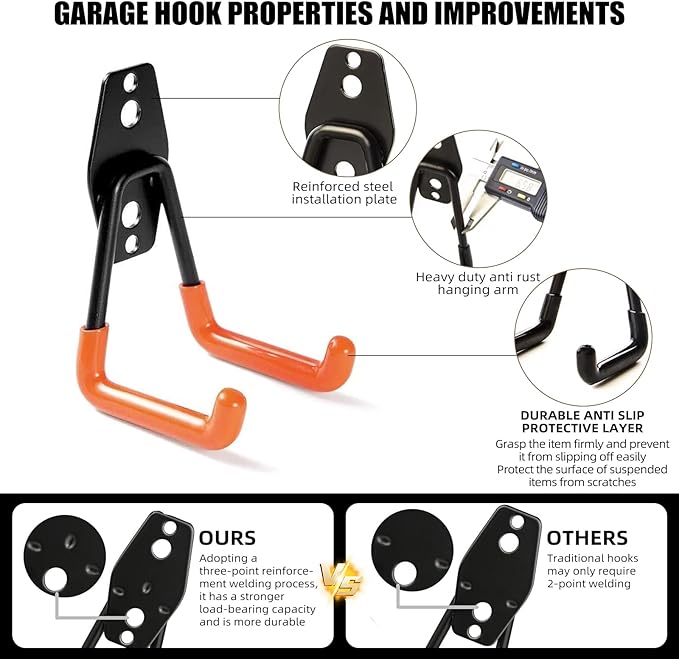 CRXCRC 6-Pack Small Square Heavy Duty Garage Hooks, Ideal for Hanging Ladders, Bikes, Tools, Garage, Garden, Basement, Shed, Utility Room Storage (Black)