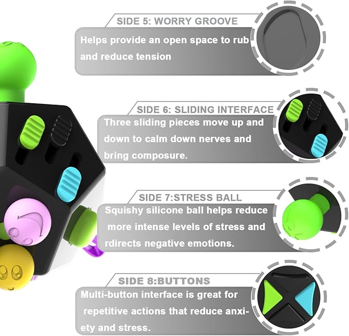 Fidget Dodecagon –12-Side Fidget Toys Cube Relieves Stress and Anxiety Anti Depression Travel Toy Christmas Stocking Stuffers Gifts for Children and Adults (B2 Black Colorful)