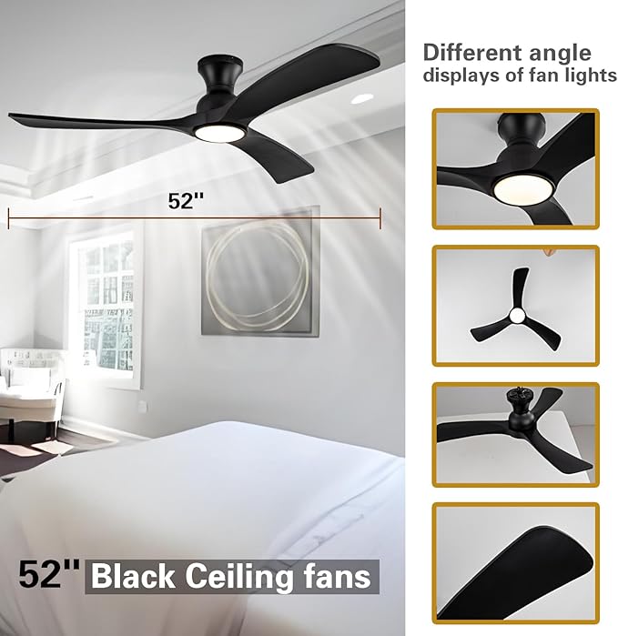 Gaizw Black Ceiing Fans with lights and Remote Control,52 Inch Modern Wooden Fan,Quiet Reversible Motor,Flush Mount Ceiling Fan with Light, Fandelier For Ventilation in Kid's Rooms,Bedroom,Farmhouse