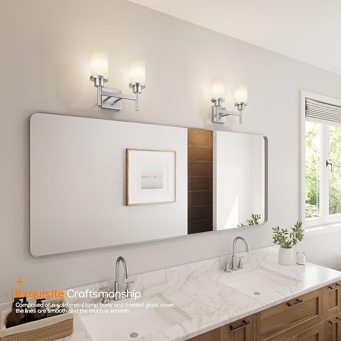 AONEON Bathroom Light Fixtures Brushed Nickel Vanity Lights with White Frosted Glass Shade, Double Wall Lamps for Mirror Kitchen Living Room Porch T001BR-L2