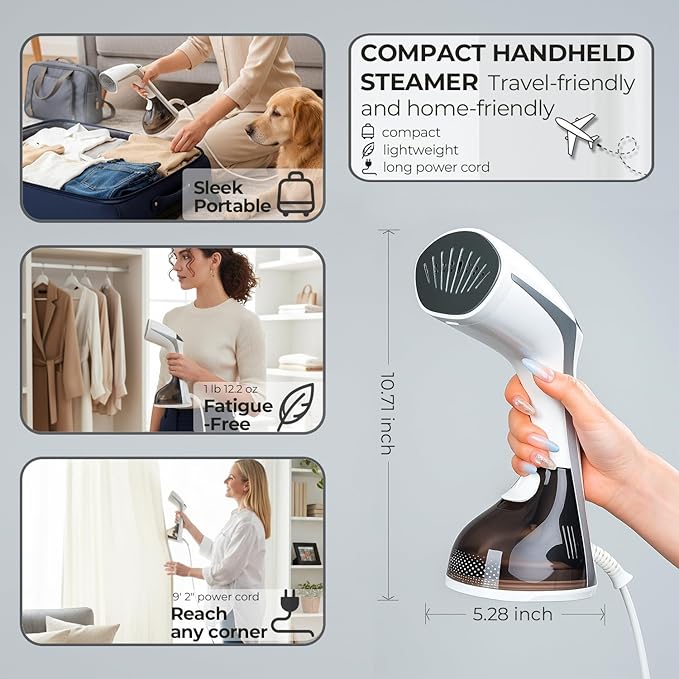 Mafilise Steamer for Clothes, 20S Heat Up, 1500W & 3 Steam Settings, Ceramic Soleplate with 13-Vent, 2-in-1 Clothing Iron Wrinkle Removal for All Fabrics, Portable & Travel-Ready