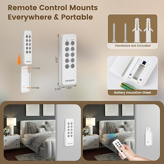 SURAIELEC Remote Control Outlet, Wireless Light Switch - 5 Outlets + 2 Remotes, 15 AMP, 100FT Range, No Interference, Remote Light Switch Kit for Lamp, Fan, Christmas Tree Light, Household Appliance