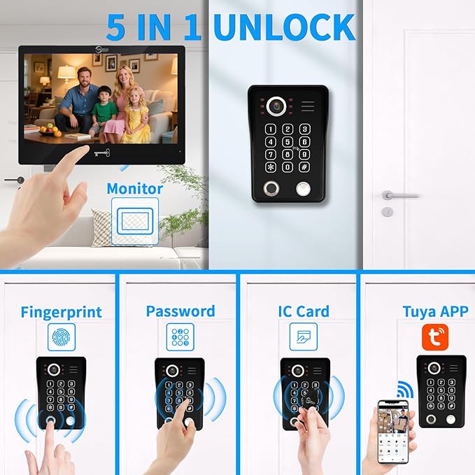 Wired Video Apartment Intercom System,Door Phone Kit,10 Inch Touch Monitor with 1080P HD Doorbell Camera,Supporting Motion Detecting 5 in 1 RFID Card Unlcking for Home Villa (1 Doorbell + 4 Monitor)